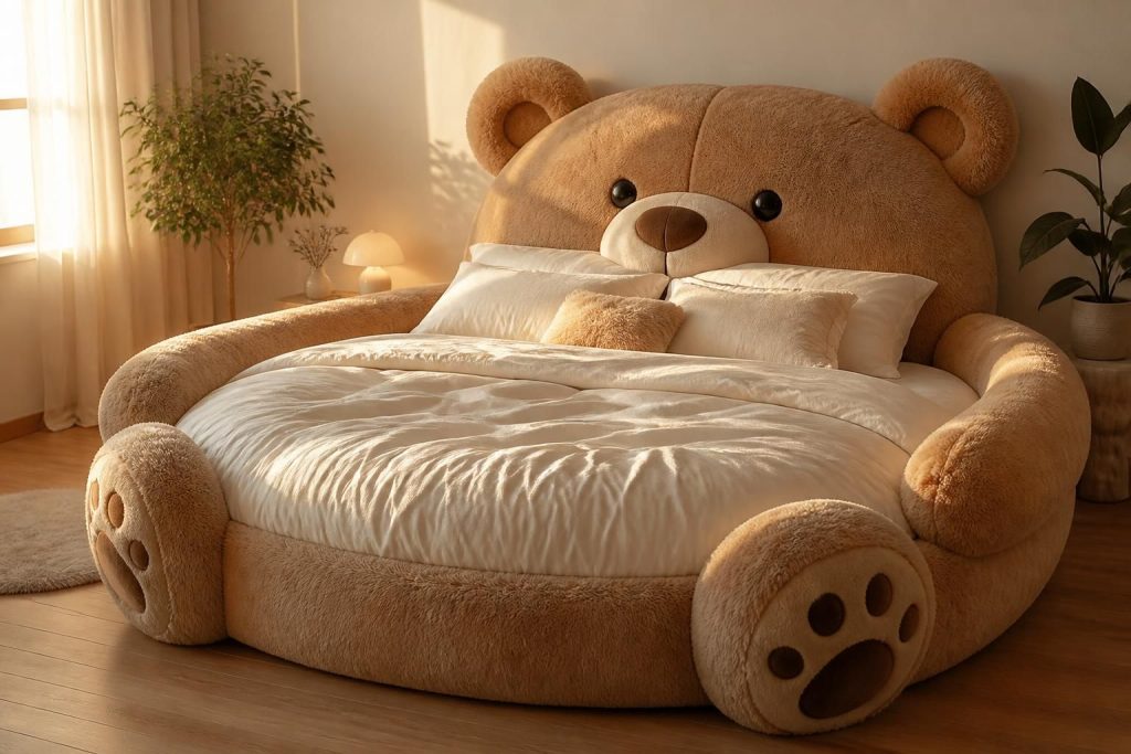 découvrez le lit en forme de nounours pour adultes 2 personnes, un cocon douillet et original conçu pour les amoureux qui souhaitent allier confort et créativité dans leur chambre.