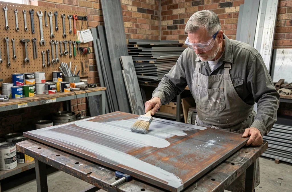 Artisan métallurgiste appliquant un traitement anticorrosion au pinceau sur une plaque de fer à l'intérieur d'un atelier de fabrication métallique