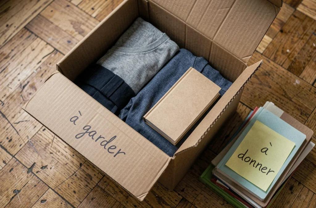 Vue de dessus d'un carton en cours de remplissage avec des affaires triées, étiquetées à garder ou à donner, sur un parquet en bois