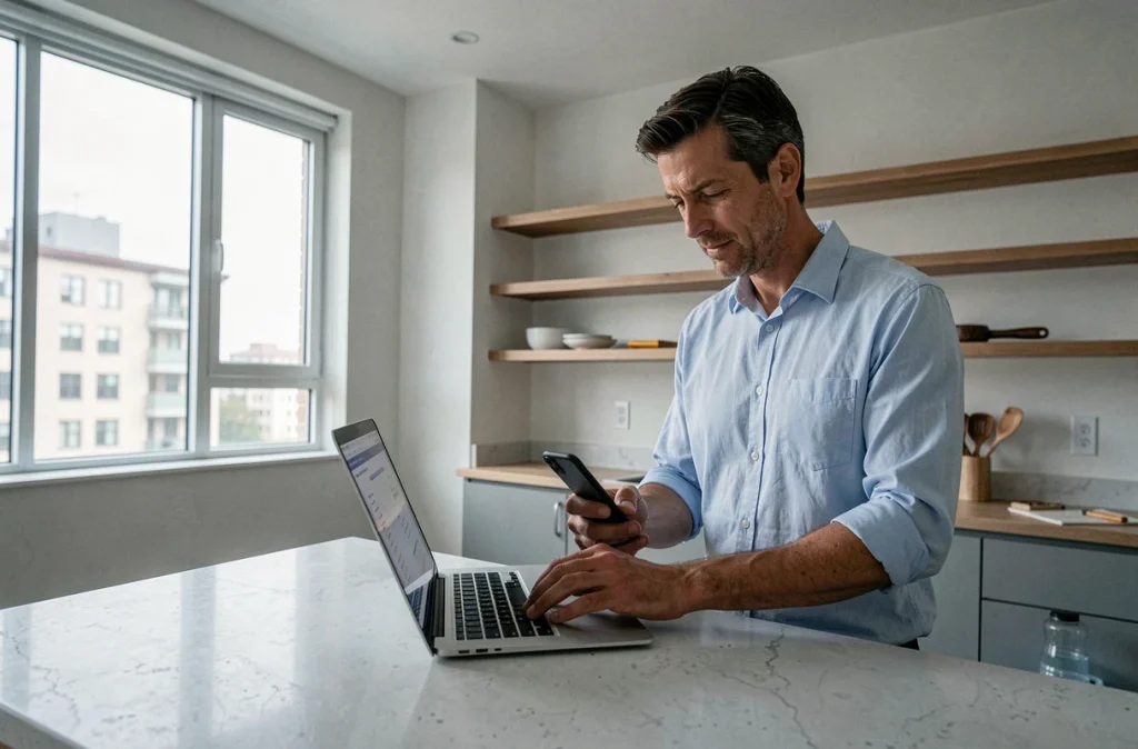 Homme gérant ses changements d'adresse d'abonnements en ligne depuis un appartement vide avant déménagement