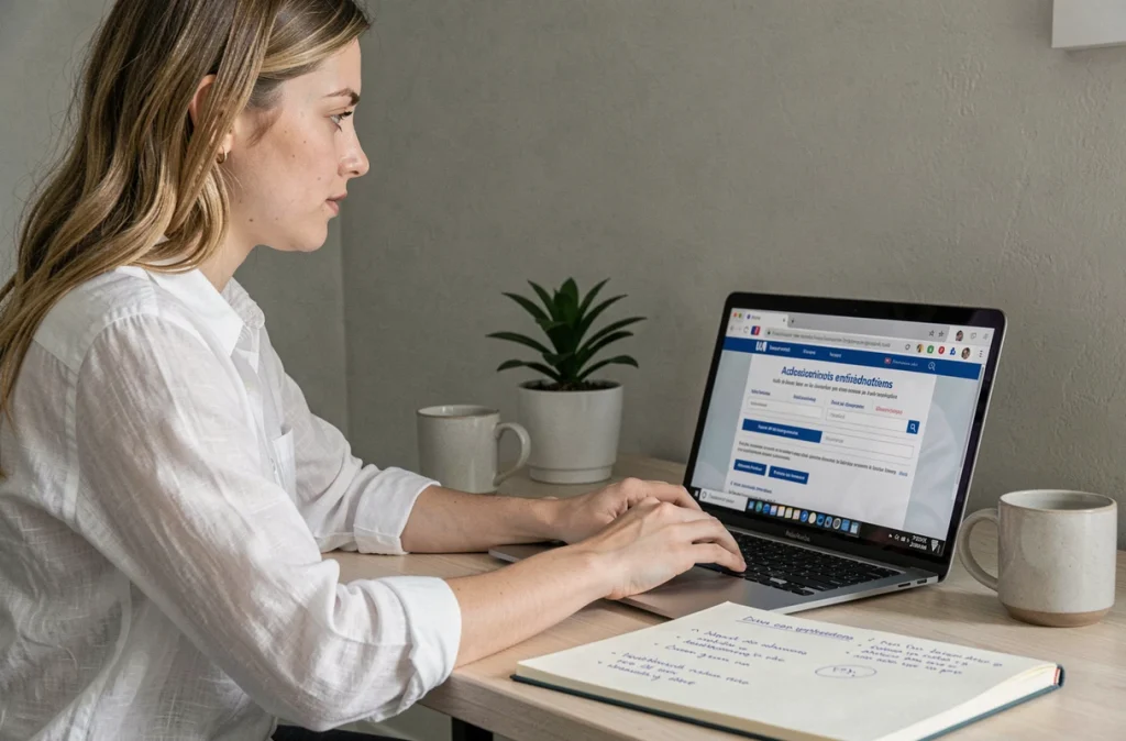 Jeune femme effectuant un changement d'adresse en ligne sur le site officiel des administrations françaises