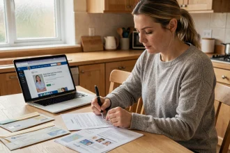 Femme remplissant un formulaire de changement d'adresse administratif à la maison avec documents officiels