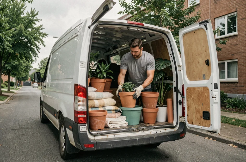 Homme chargeant des plantes en pots dans un camion de déménagement devant un immeuble résidentiel