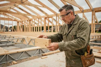 Charpentier expérimenté inspectant une poutre POSI sur un chantier de construction résidentiel