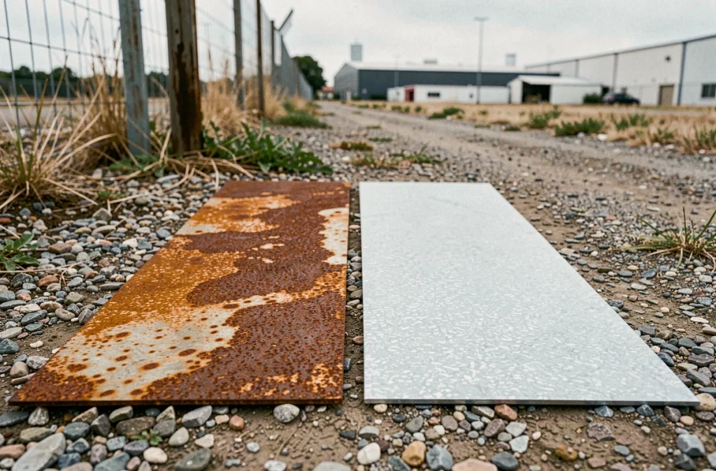 Comparaison côte à côte d'une plaque de fer rouillée non traitée et d'une plaque galvanisée protégée contre la corrosion en extérieur