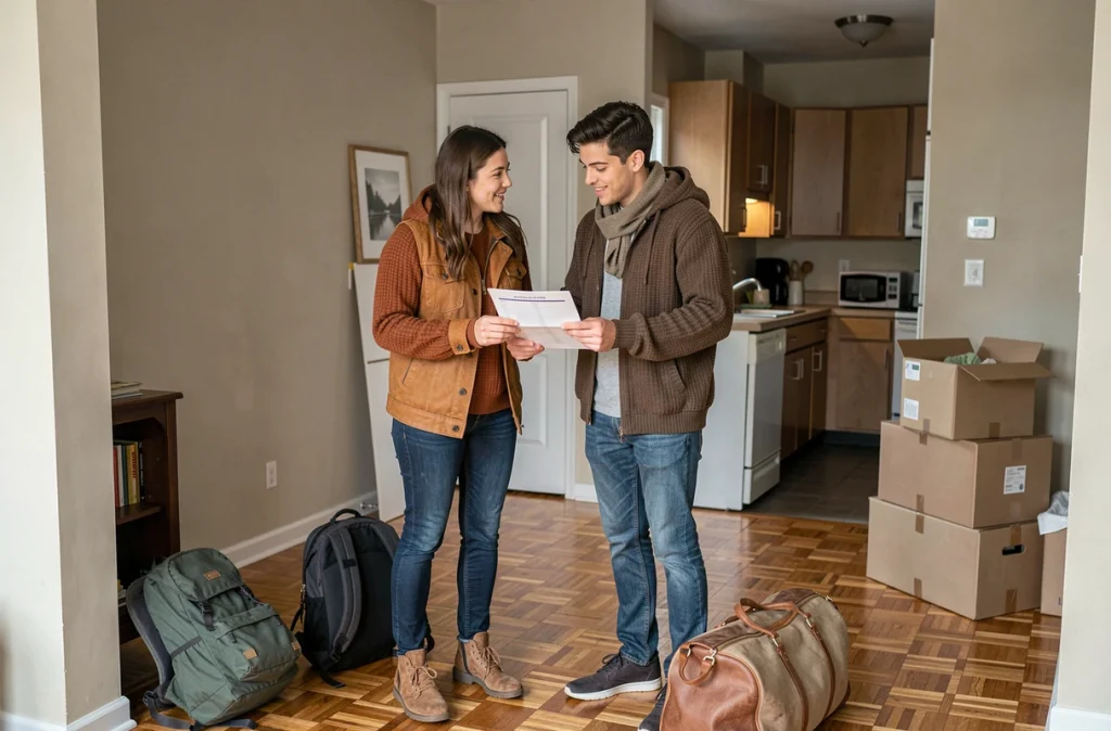 Couple arrivant dans un appartement de location temporaire avec bagages et checklist