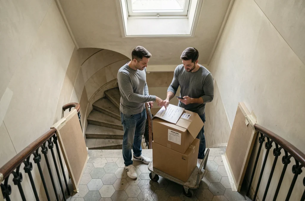 Couple organisant leur déménagement dans la cage d'escalier d'un immeuble haussmannien en protégeant les parties communes