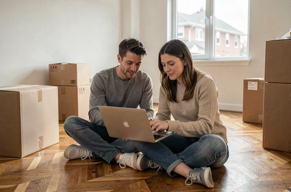 Couple organisant le transfert de leurs abonnements entouré de cartons dans un nouveau logement vide