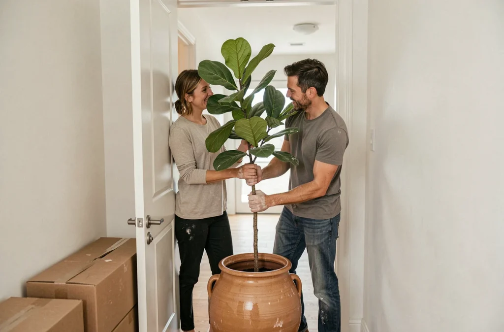 Couple transportant un grand ficus lyrata en pot à travers la porte d'entrée d'un nouvel appartement