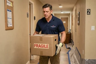 Déménageur professionnel portant un carton fragile dans le couloir d'une copropriété avec soin et discrétion