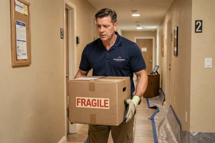 Déménageur professionnel portant un carton fragile dans le couloir d'une copropriété avec soin et discrétion