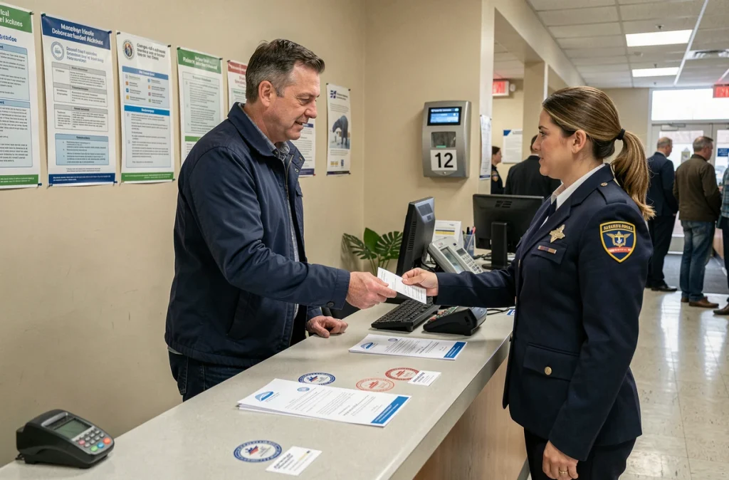 Homme déposant un formulaire de changement d'adresse auprès d'un agent de La Poste au guichet