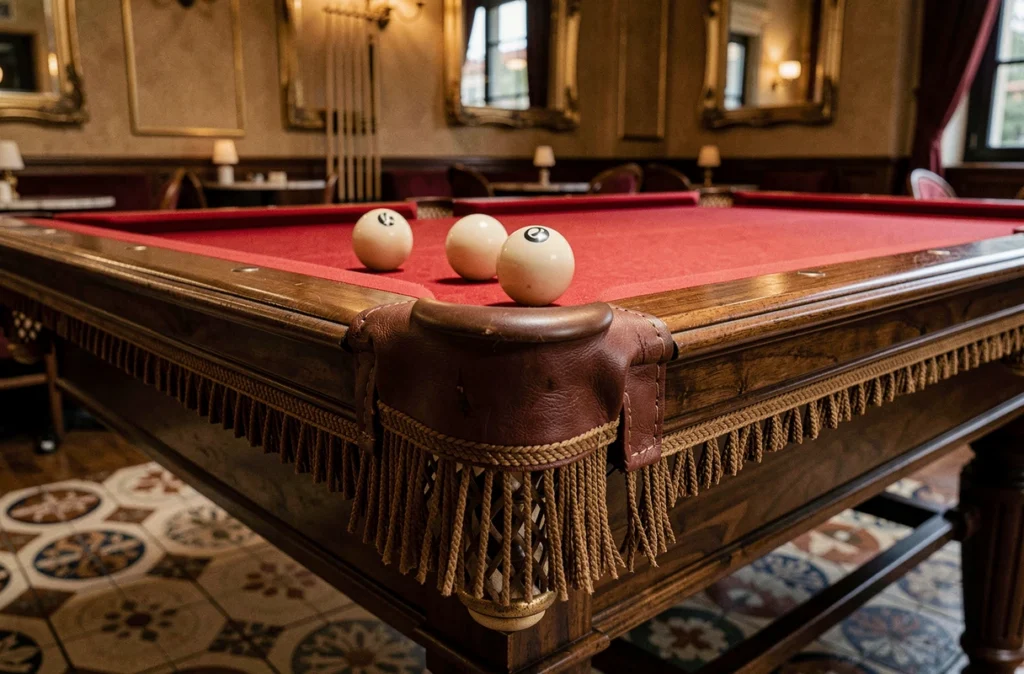 Détail artisanal d'une table de billard Chevillotte en acajou avec poche en cuir et billes sur tapis rouge