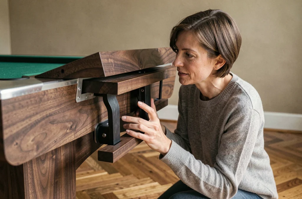 Détail du mécanisme de conversion d'une table de billard américain convertible en bois de noyer