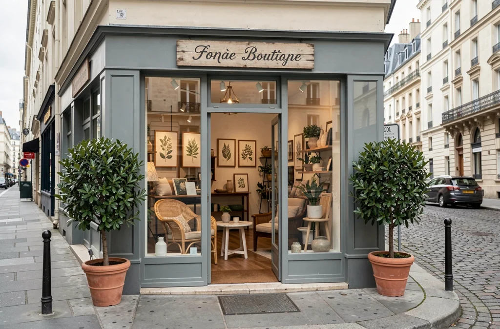 Devanture d'une boutique de décoration intérieure parisienne sur une rue pavée avec vitrine élégante
