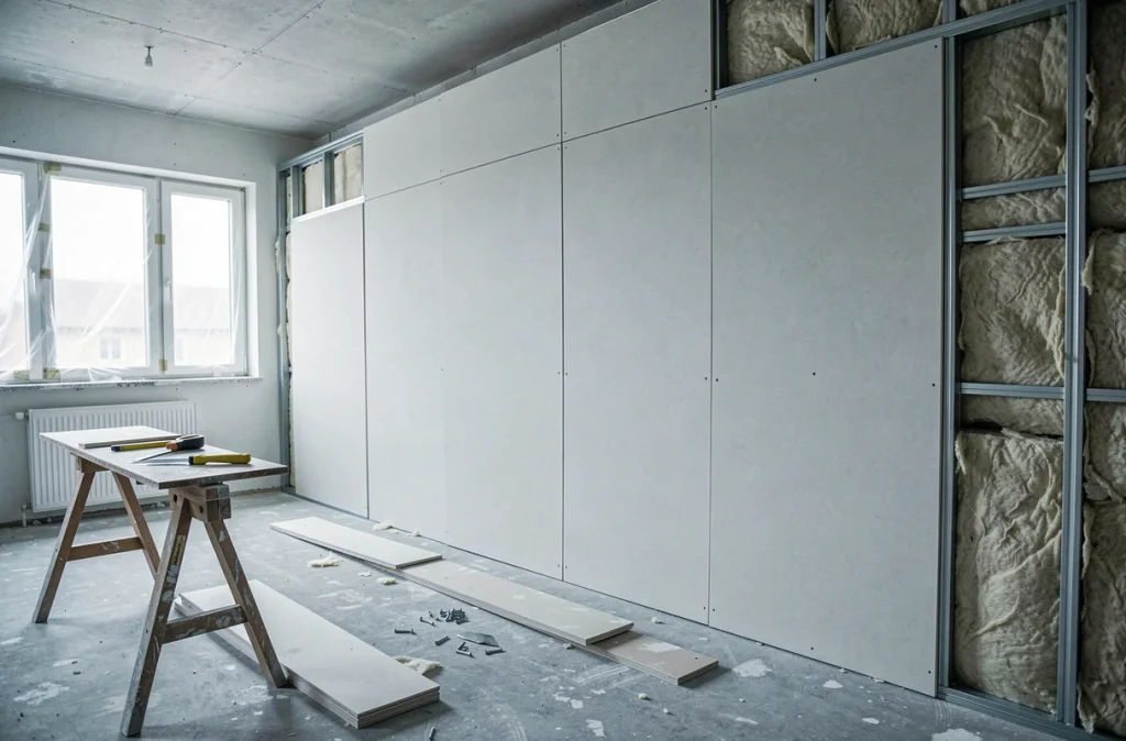 Vue d'ensemble d'un doublage montant placo en cours de pose dans un appartement en rénovation avec ossature et isolation visibles