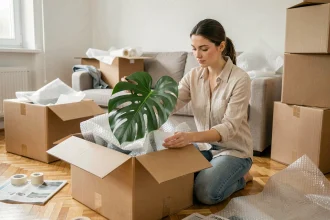 Femme emballant soigneusement une plante monstera dans du tissu respirant avant un déménagement