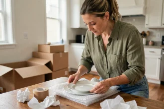Femme enveloppant une assiette en porcelaine fragile avec du papier bulle lors d'un déménagement