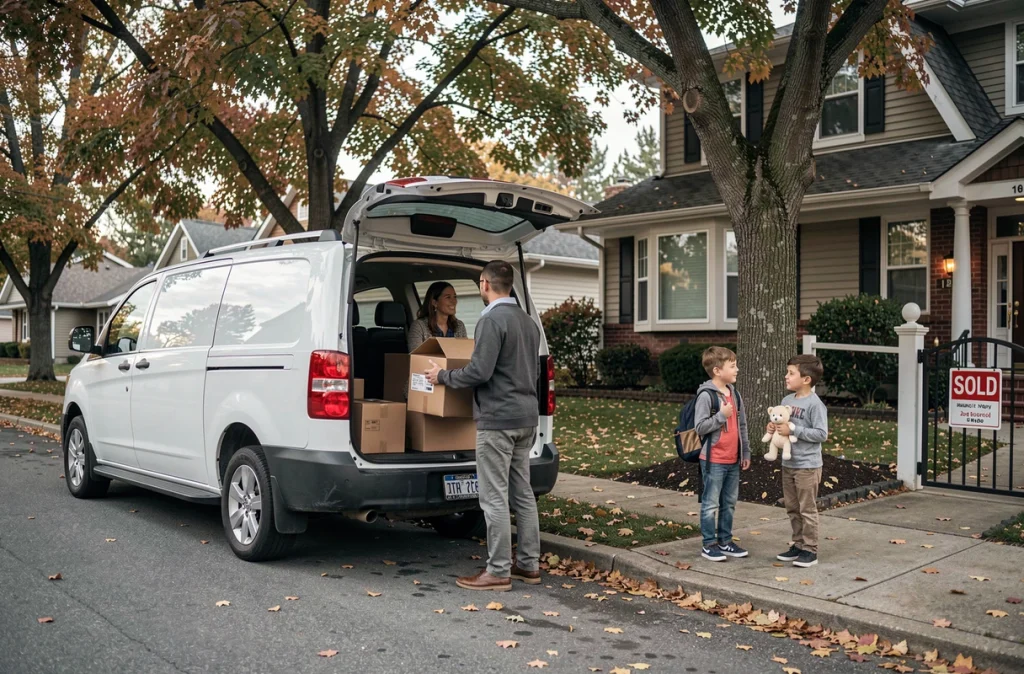 Famille chargeant un camion de déménagement devant leur maison avec leurs enfants sur le trottoir