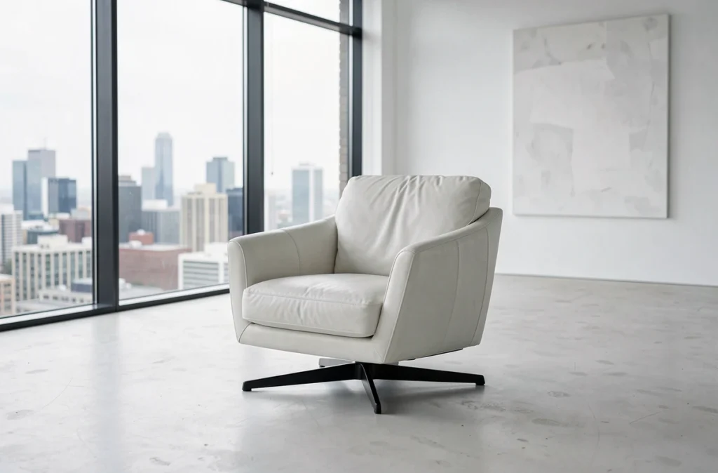Fauteuil design contemporain en cuir blanc avec base noire dans un appartement moderne aux grandes baies vitrées
