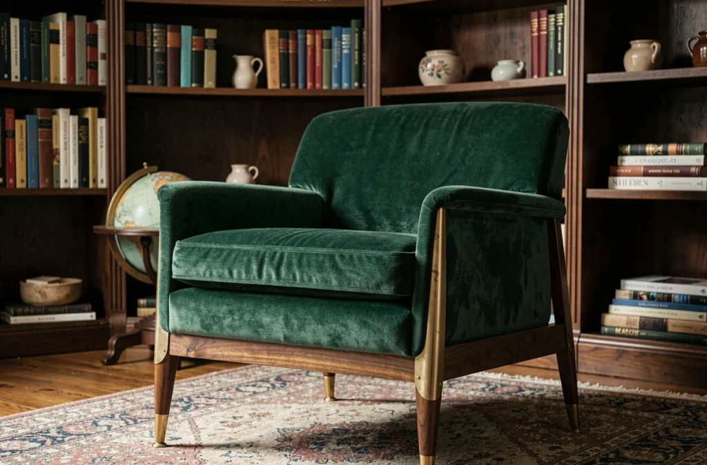 Fauteuil mi-siècle moderne en velours vert forêt avec pieds en noyer et détails laiton dans un bureau bibliothèque