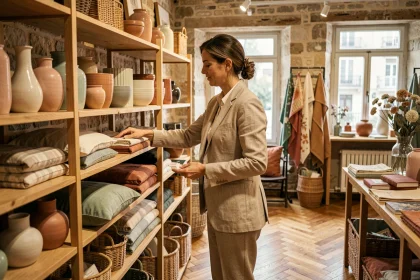 Femme parcourant des objets de décoration intérieure dans une boutique parisienne au style chic et chaleureux
