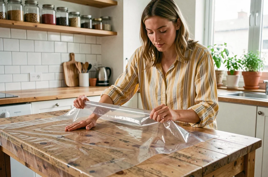 Femme installant une toile cirée épaisse transparente sur une table en pin brut dans une cuisine d'appartement moderne laissant voir le bois apparent