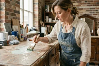 Femme appliquant une patine zinc sur un meuble en bois avec un pinceau dans un atelier artisanal