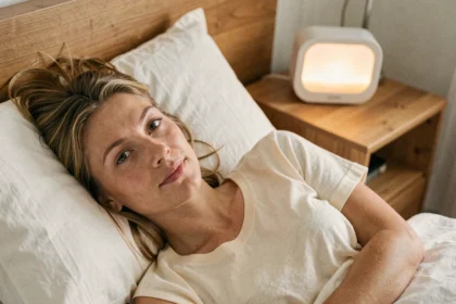 Femme se réveillant paisiblement grâce à un réveil lumineux posé sur une table de nuit en bois