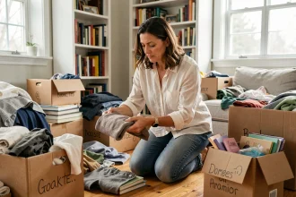 Femme organisant un tri de ses affaires avant un déménagement, entourée de cartons étiquetés et de vêtements sur le sol d'un salon