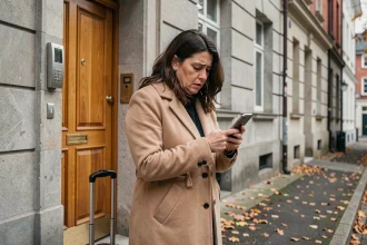 Femme avec valise cherchant un logement temporaire devant un immeuble en ville