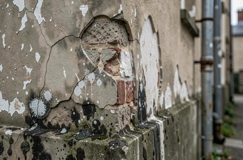 Détail de mur extérieur fissuré avec efflorescence et moisissures dues à l'application d'enduit en conditions humides