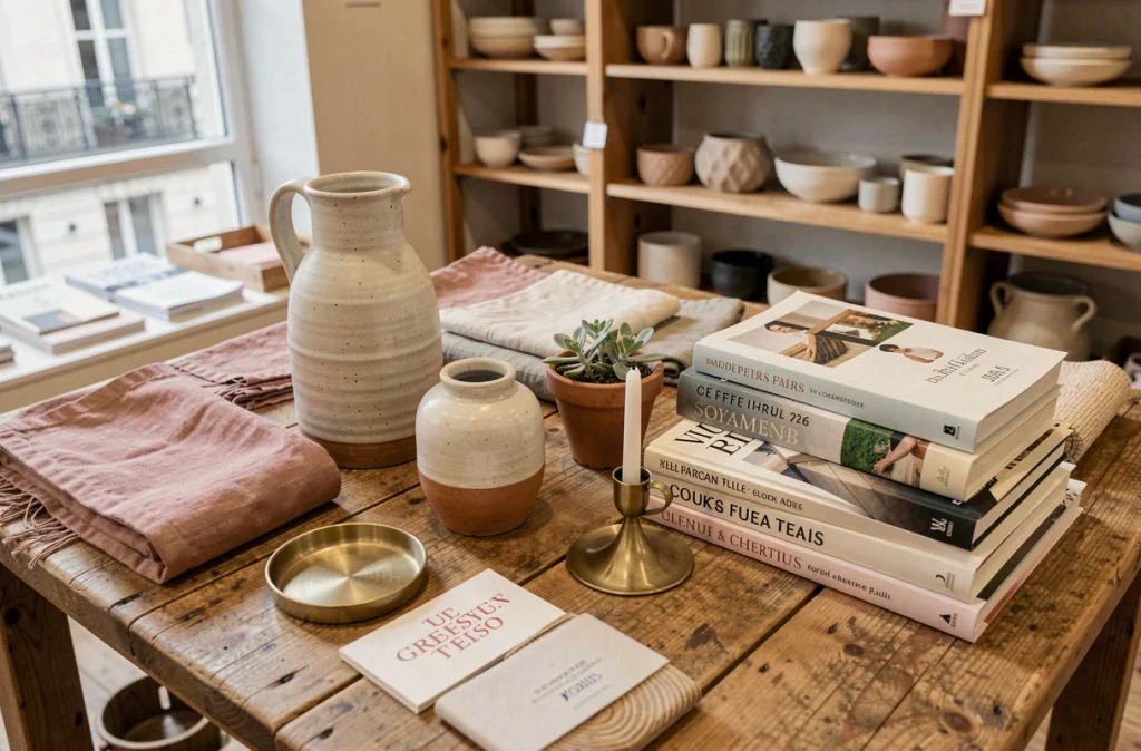 Flat-lay d'objets de décoration artisanale sélectionnés dans une boutique concept store à Paris
