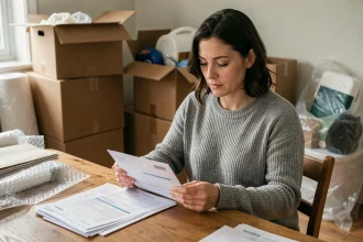 Femme consultant ses courriers d'abonnements pendant un déménagement, entourée de cartons
