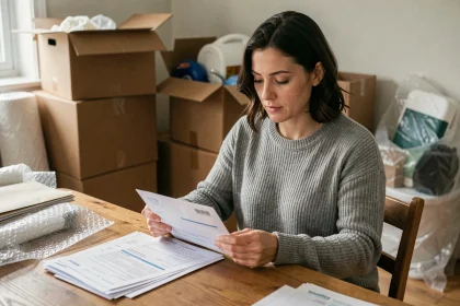 Femme consultant ses courriers d'abonnements pendant un déménagement, entourée de cartons