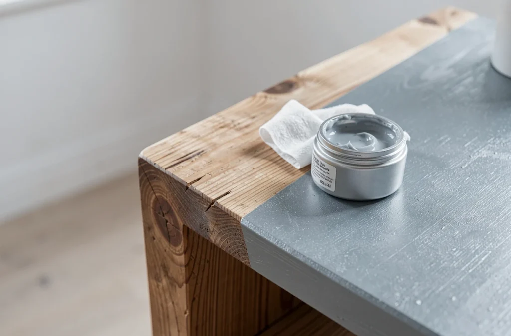 Gros plan sur une surface de meuble en bois avec patine zinc appliquée à moitié, montrant le contraste avant-après