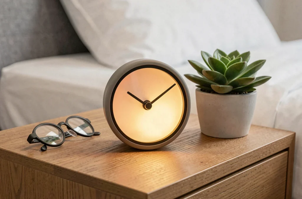 Gros plan d'un réveil lumineux simulateur d'aube posé sur une table de nuit en bois avec des accessoires de chambre