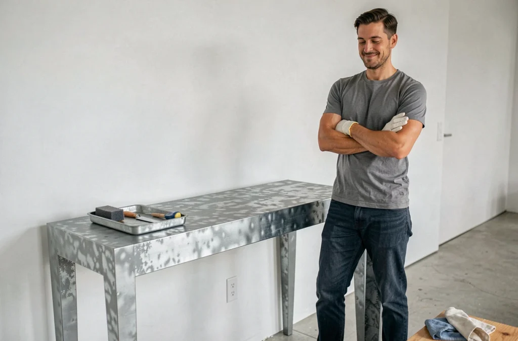 Homme admirant une console de meuble entièrement restaurée avec une patine zinc dans un appartement industriel moderne