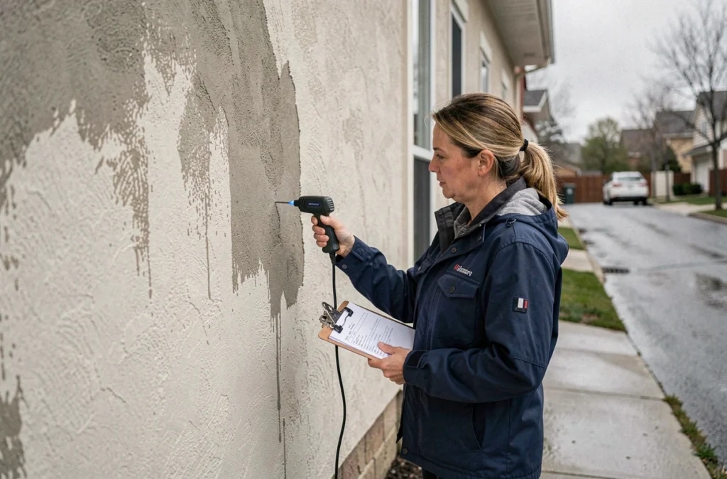 Inspectrice en bâtiment mesurant l'humidité d'un mur enduit récemment sur une façade résidentielle par temps gris