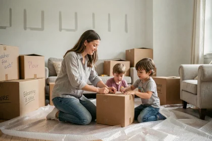 Mère et ses deux enfants en train d'emballer des cartons lors d'un déménagement dans un salon à moitié vide