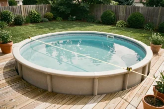 Piscine ronde hors-sol avec mètre ruban mesurant le diamètre pour calculer la surface en m²