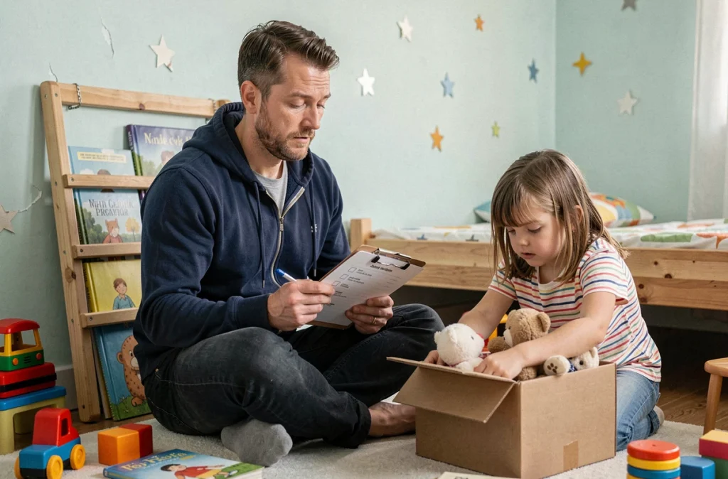 Père et sa fille préparant ensemble les affaires de sa chambre d'enfant avant un déménagement