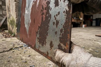 Plaque de fer extérieure avec traitement antirouille appliqué sur une surface oxydée, tenue par un artisan en gants de travail dans une cour industrielle