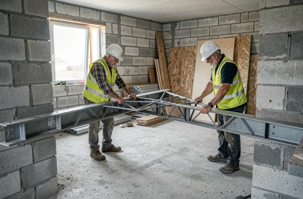 Deux charpentiers posant une poutre POSI entre deux murs porteurs lors d'un chantier de plancher