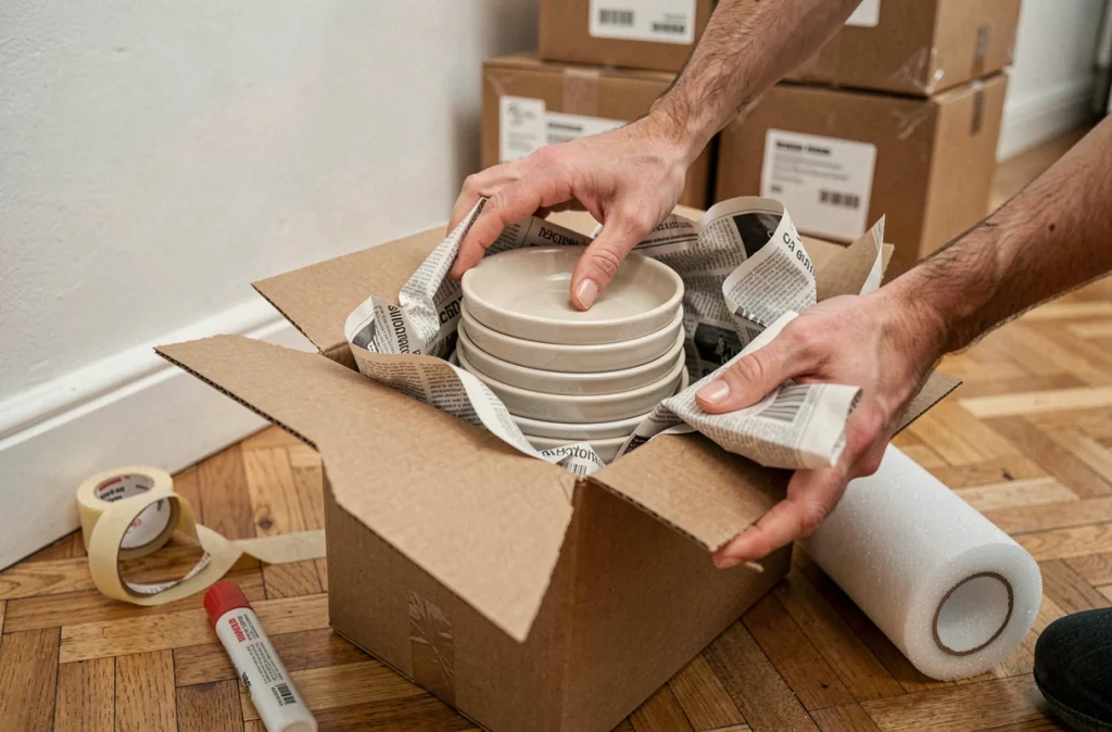 Gros plan sur des mains protégeant des bols en céramique avec de la mousse dans un carton de déménagement