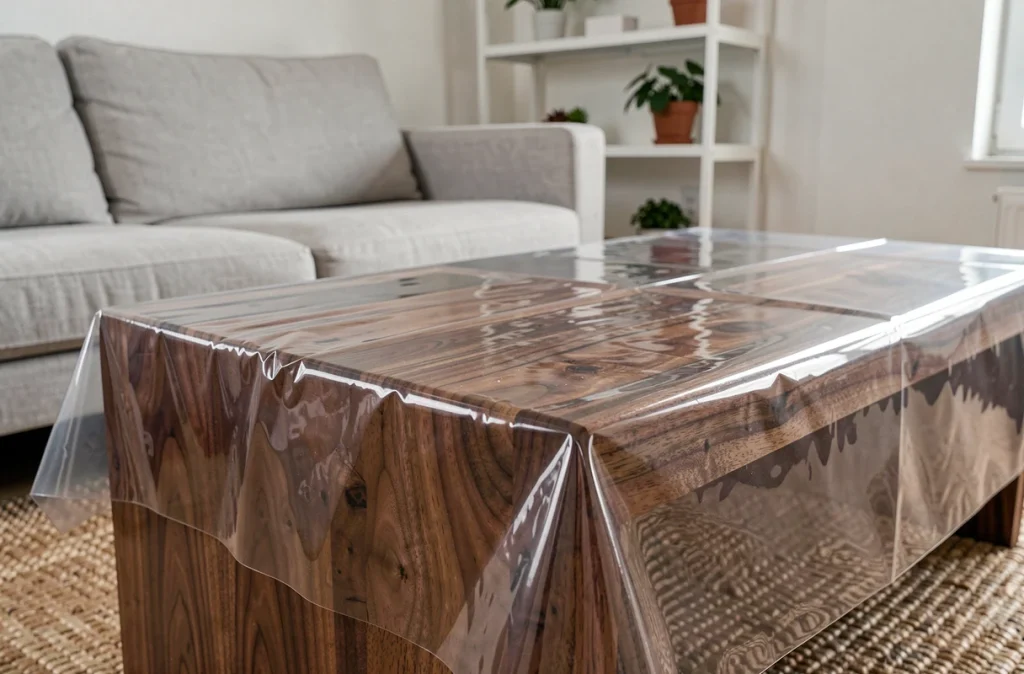 Gros plan sur une table basse en noyer protégée par une toile cirée transparente épaisse dans un salon scandinave moderne
