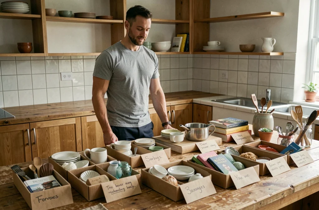 Homme triant des objets du quotidien sur un comptoir de cuisine avant de faire ses cartons, avec des groupes d'articles organisés par catégorie