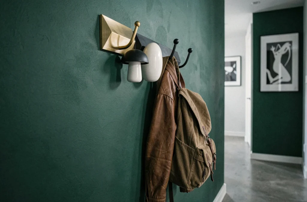 Trio de patères murales design originales en laiton, céramique et fer noir sur mur vert foncé dans un couloir contemporain