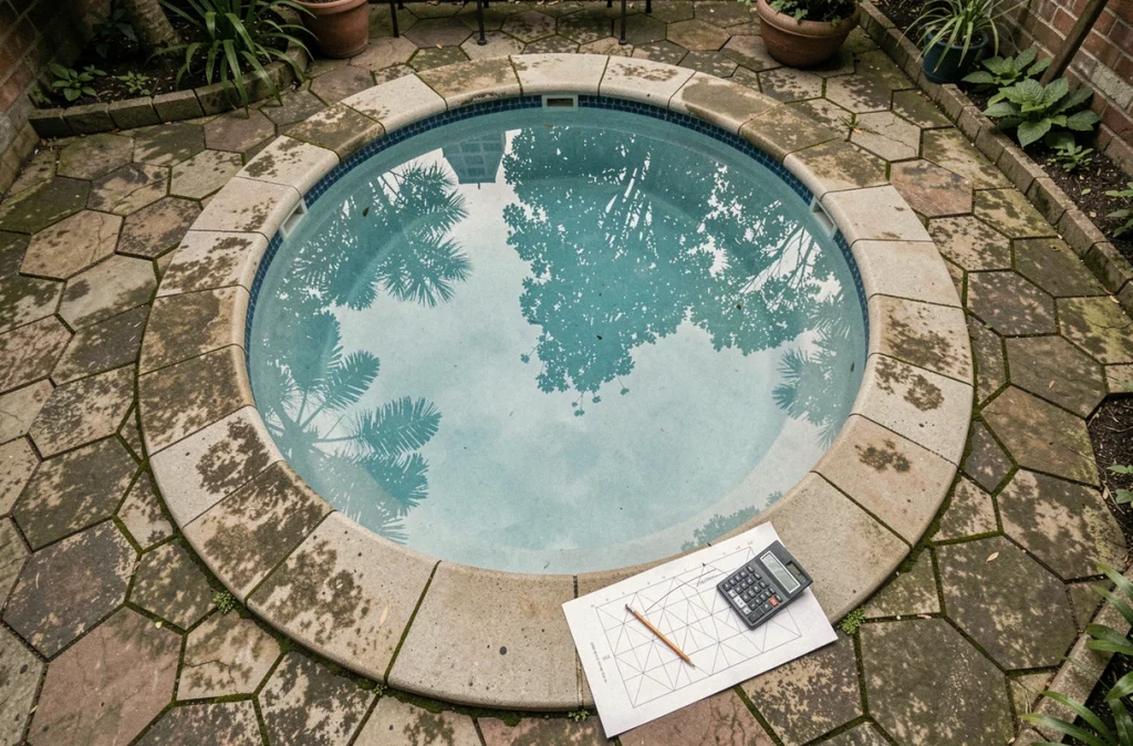 Vue aérienne d'une piscine ronde avec feuille de calcul de surface et volume posée sur le bord