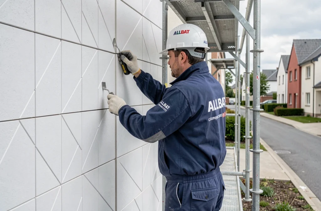 Spécialiste ALLBAT posant des panneaux d'isolation thermique par l'extérieur sur un immeuble moderne